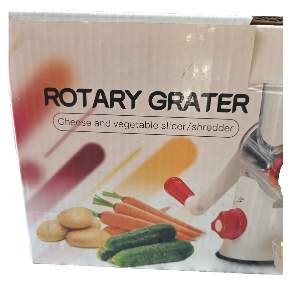 Rotary Grater Cheese & Vegetable Slicer 3 Blades Suction Cup Mount Peeler New